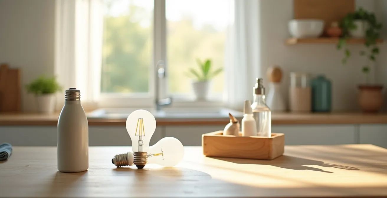 Table de cuisine minimaliste avec ampoules, boîte à outils et produits ménagers sous lumière naturelle