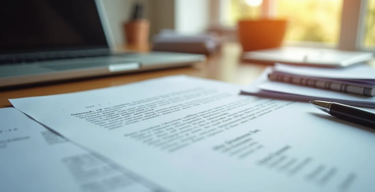 Détail macro d'un bureau avec documents administratifs et ordinateur éclairés par une lumière douce