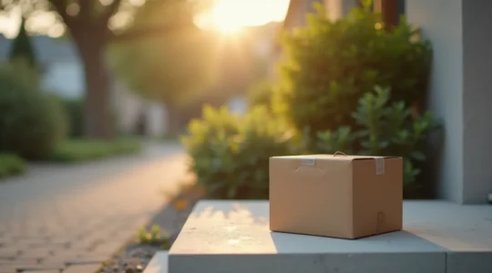 Photographie réaliste d'un carton de déménagement posé devant une maison avec une ambiance douce et lumineuse, compositions minimalistes et espaces négatifs nets.