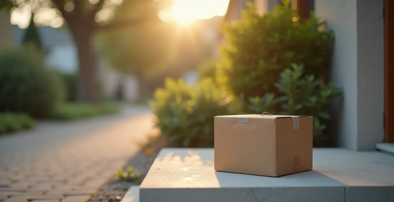 Photographie réaliste d'un carton de déménagement posé devant une maison avec une ambiance douce et lumineuse, compositions minimalistes et espaces négatifs nets.