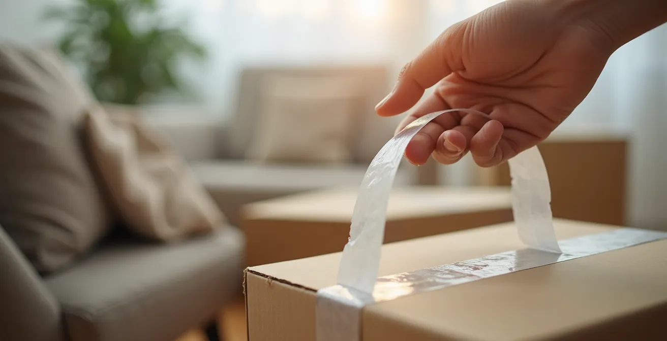 Main serrant un carton d’emballage avec des meubles en arrière-plan sous lumière naturelle douce