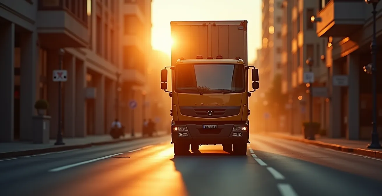 Camion de déménagement chargé, bloqué dans une rue étroite avec une lumière dorée en fin de journée