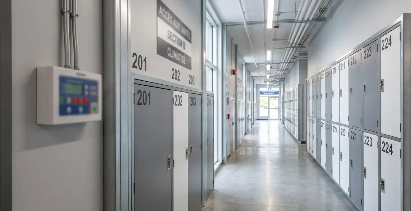 Vue en perspective d'un corridor lumineux d'entrepôt moderne au Canada avec système de ventilation visible au plafond et panneaux de contrôle climatique floutés sur le mur latéral