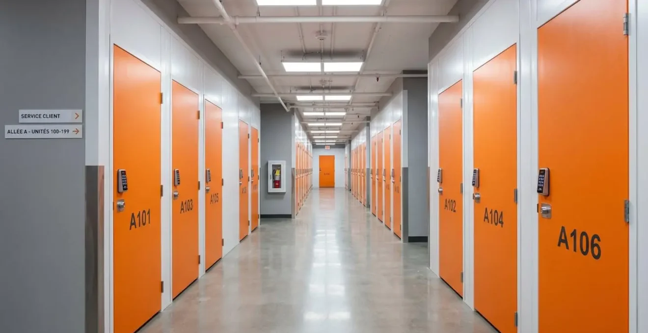 Couloir moderne d'un centre de self-stockage avec portes de box orange alignées, éclairage LED et numéros visibles