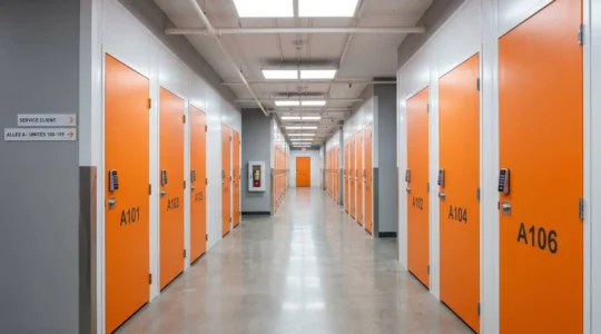 Couloir moderne d'un centre de self-stockage avec portes de box orange alignées, éclairage LED et numéros visibles