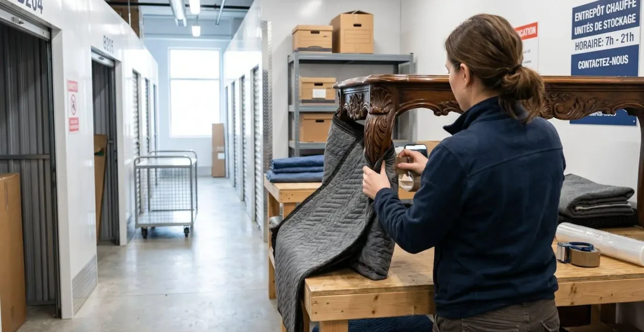 Mains d'une personne vue de dos enveloppant soigneusement le pied sculpté d'un meuble en bois ancien avec une couverture de protection épaisse dans un entrepôt lumineux