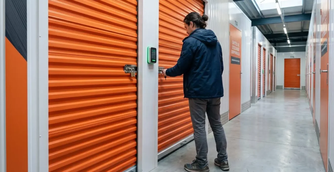Personne vue de dos ouvrant la porte orange de son box de stockage dans un centre moderne bien éclairé