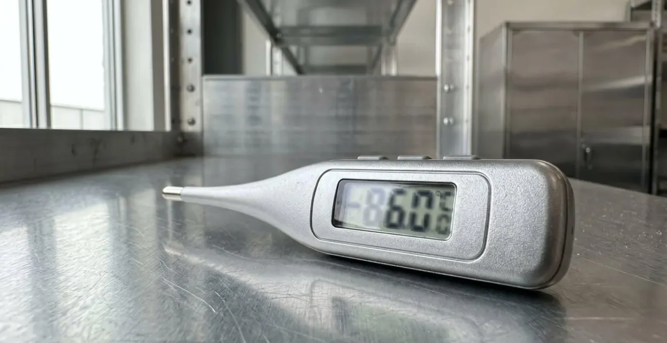 Un thermomètre digital moderne posé sur une surface métallique propre dans une unité d'entreposage contemporaine bien éclairée